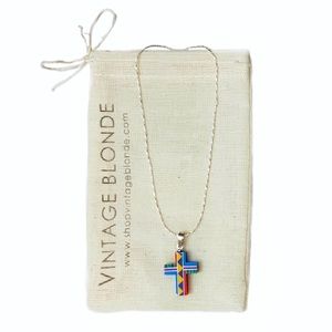 Multi Color Aztec Stone Inlay Boho Cross Necklace